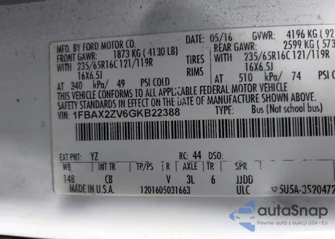 2016 Ford Transit-350 Xlt from USA, damaged, VIN 1FBAX2ZV6GKB22388